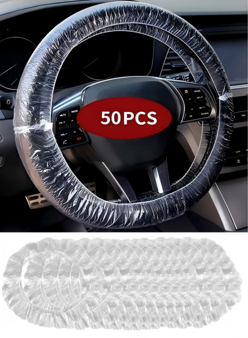 50PCS Universal Disposable Steering Wheel Cover Plastic Transparent Car Steering Wheel Covers with Elastic Trims for Steering Wheels - Image 1